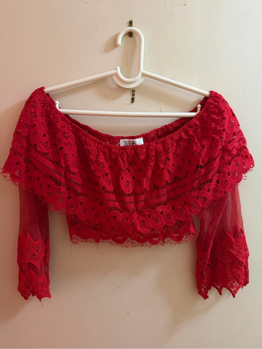 SEEK Red Lace Bardot Crop Top